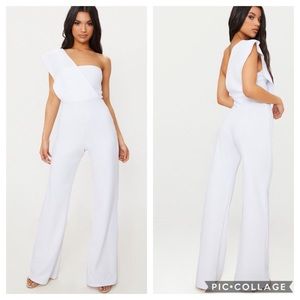One-shoulder white jumpsuit